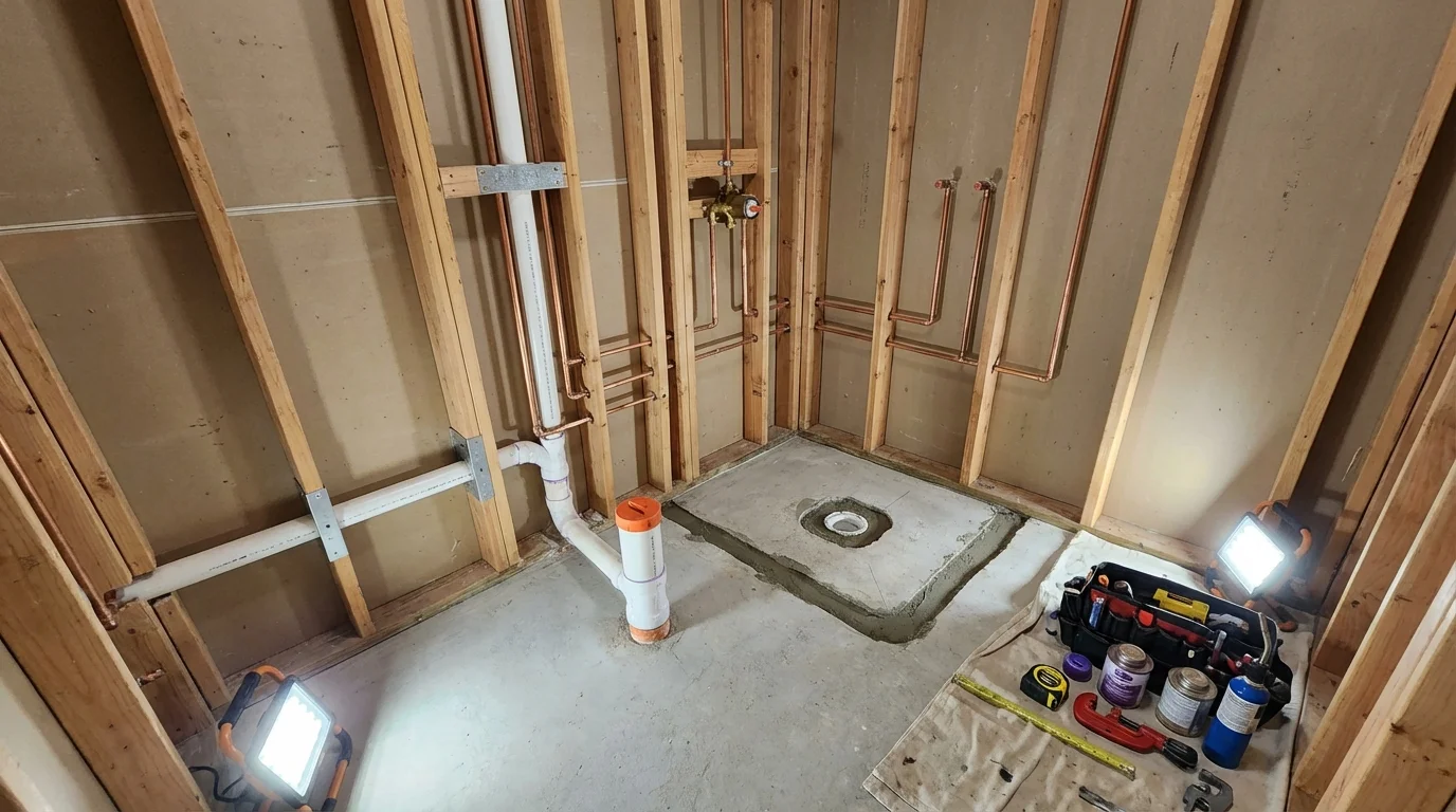 Bathroom rough-in plumbing during remodel by Johns Plumbing LLC in Fallston