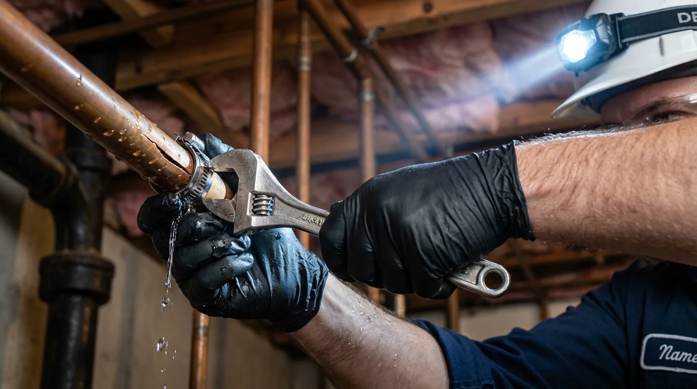 Emergency pipe clamp repair being performed by a Johns Plumbing LLC plumber in Fallston