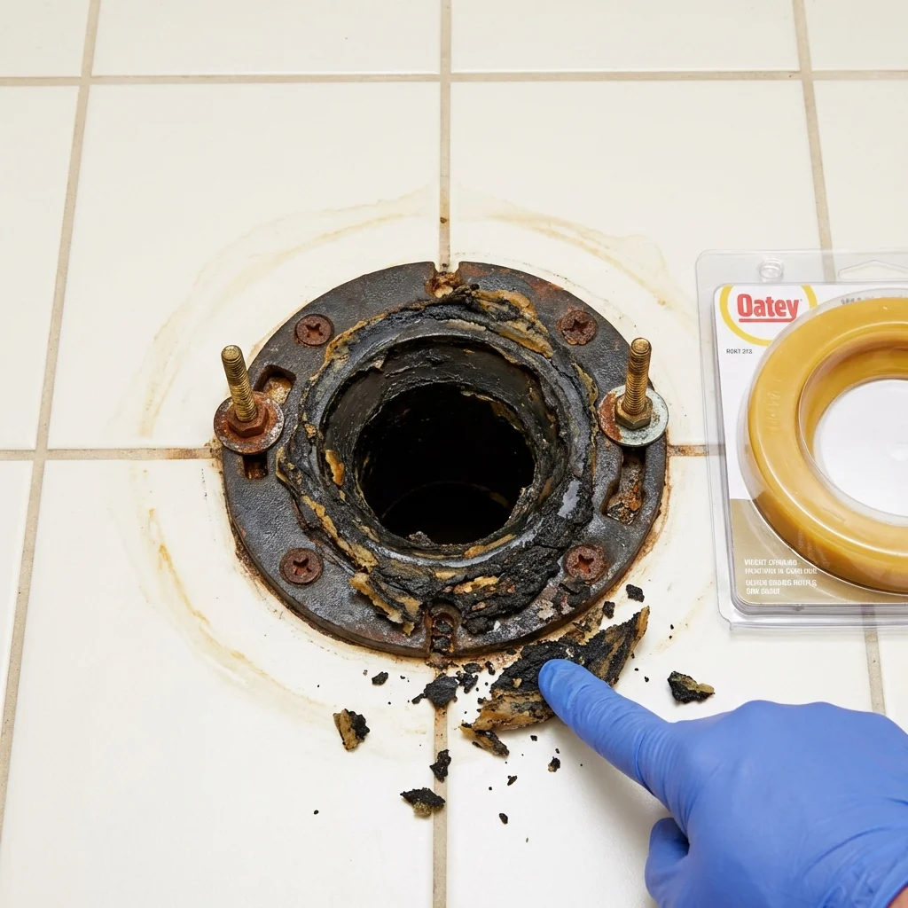 Failed wax ring showing water seepage at the base of a toilet in a Fallston, MD home