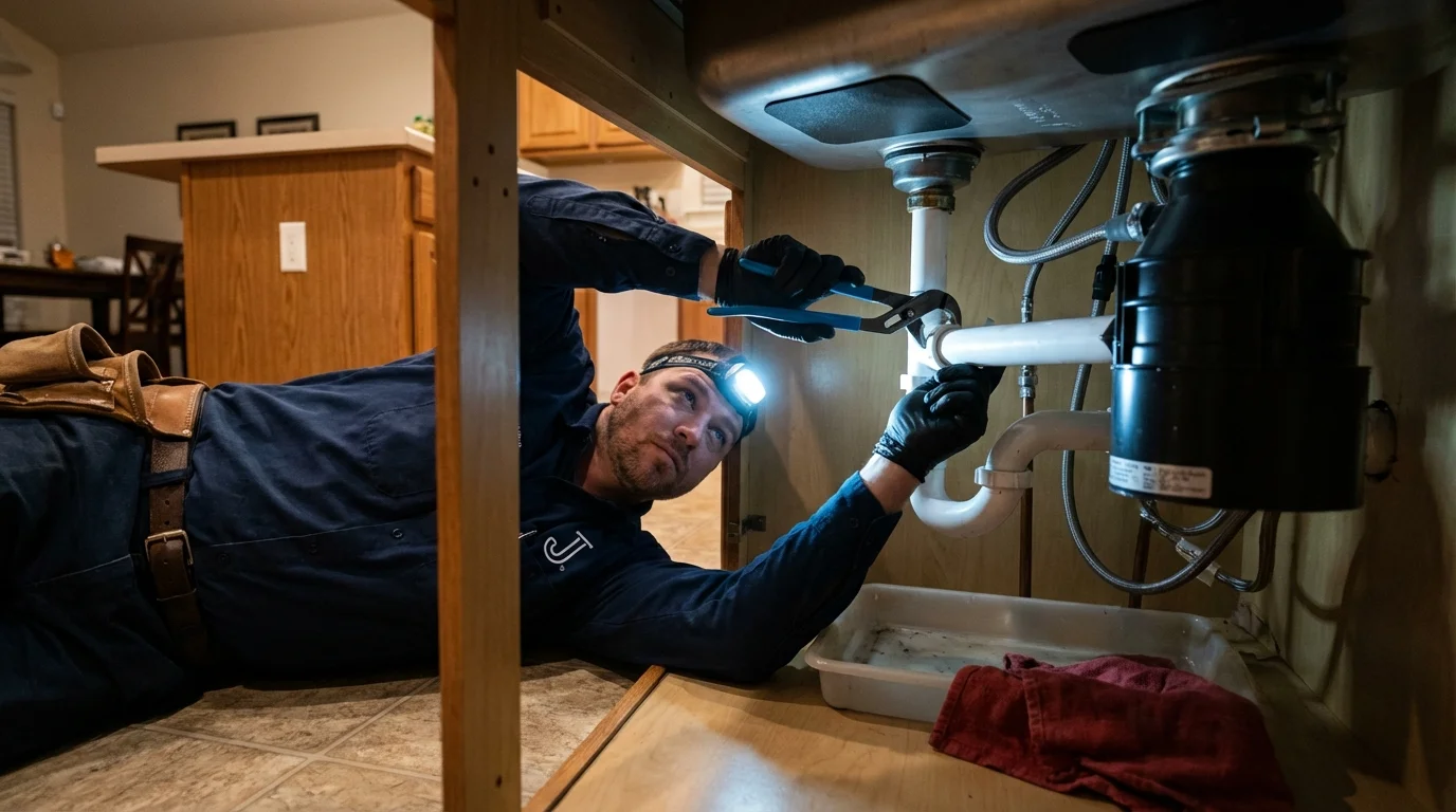 P-trap and supply line connections under a kitchen sink showing a common leak point in Fallston, MD